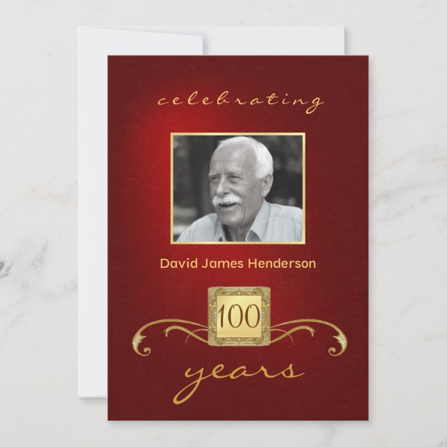 100th Birthday Party Photo Invitations - Red (Front)