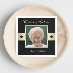 100th Birthday Party Photo on Black Paper Napkins