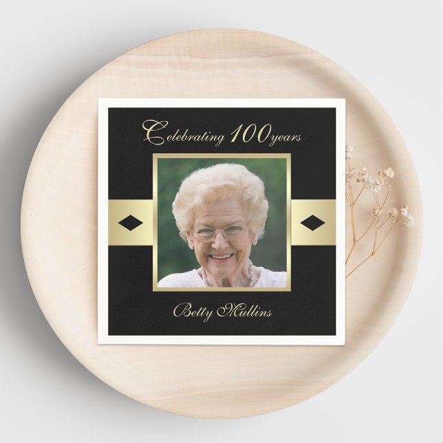 100th Birthday Party Photo on Black Paper Napkins (Creator Uploaded)