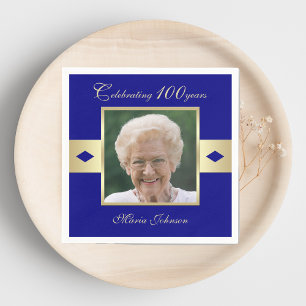 100th Birthday Party Photo on Navy Blue Paper Napkins