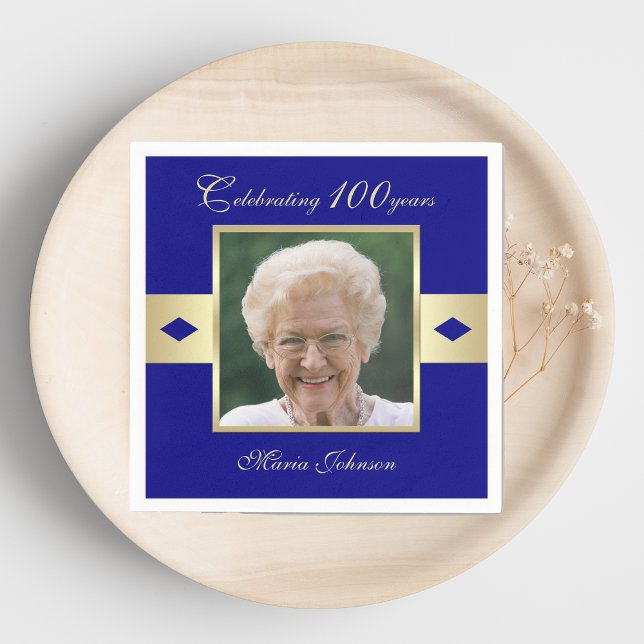 100th Birthday Party Photo on Navy Blue Paper Napkins (Creator Uploaded)