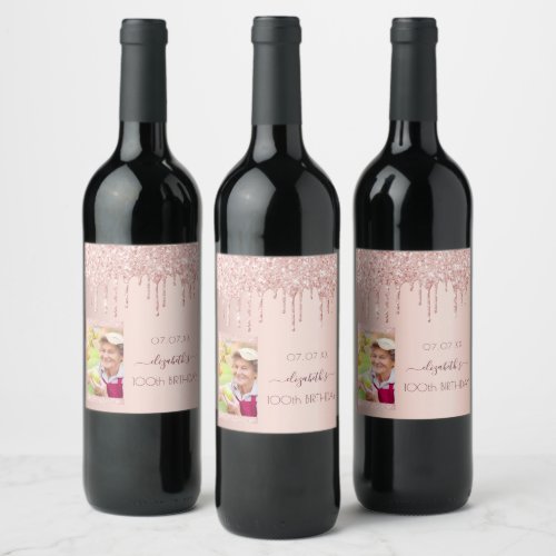 100th birthday party photo rose gold glitter drips wine label