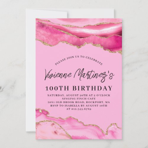 100th Birthday Party Pink Agate Marble Invitation