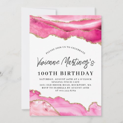 100th Birthday Party Pink Agate Marble Invitation