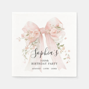 100th Birthday Party Pink Bow with Roses Cocktail Napkins