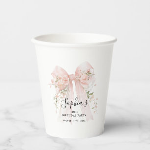 100th Birthday Party Pink Bow with Roses Custom Paper Cups