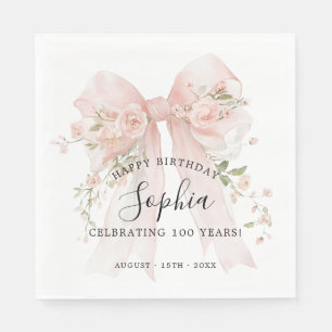 100th Birthday Party Pink Bow with Roses Luncheon Napkins
