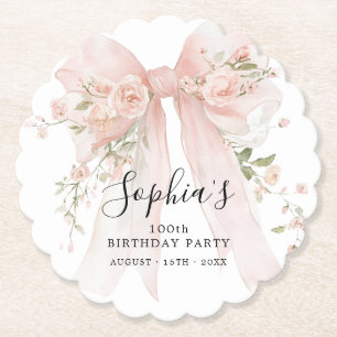 100th Birthday Party Pink Bow with Roses Paper Coaster