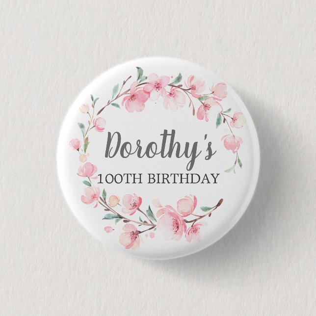 100th Birthday Party Pink Cherry Blossom Floral Button (Front)