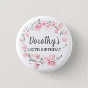 100th Birthday Party Pink Cherry Blossom Floral Button