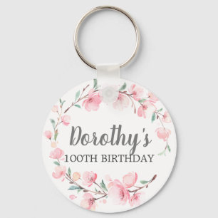 100th Birthday Party Pink Cherry Blossom Floral Keychain