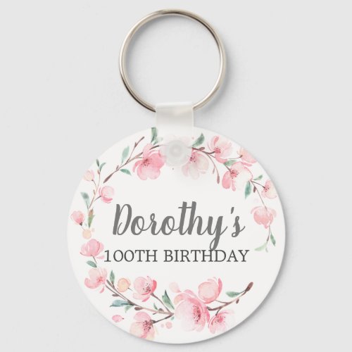 100th Birthday Party Pink Cherry Blossom Floral Keychain