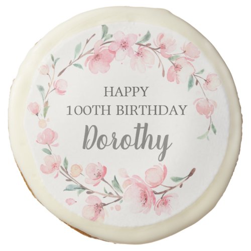 100th Birthday Party Pink Cherry Blossom Floral Sugar Cookie
