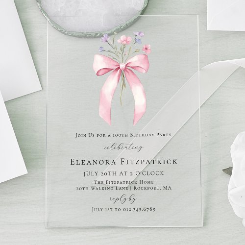 100th Birthday Party Pink Coquette Bow Wildflower