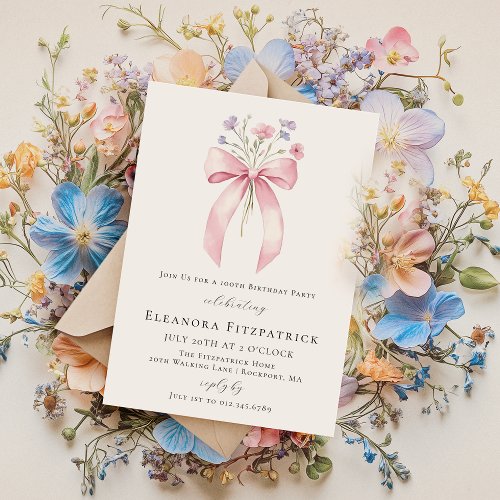 100th Birthday Party Pink Coquette Bow Wildflower