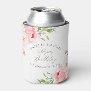 100TH Birthday Party Pink Floral Custom Can Cooler