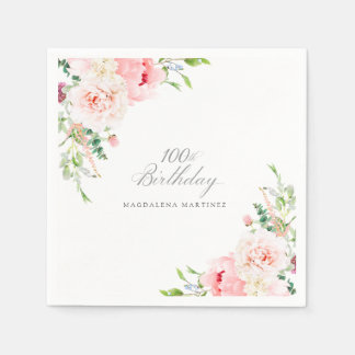 100th Birthday Party Pink Floral Custom Cocktail Napkins