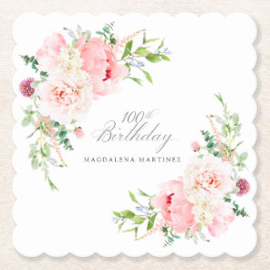 100th Birthday Party Pink Floral Custom Paper Coaster