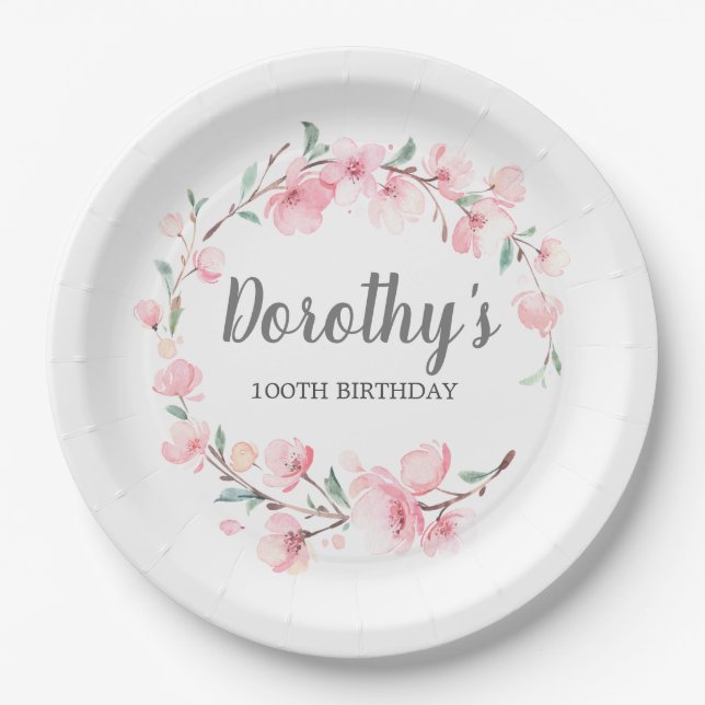 100th Birthday Party Pink Floral Paper Plates (Front)
