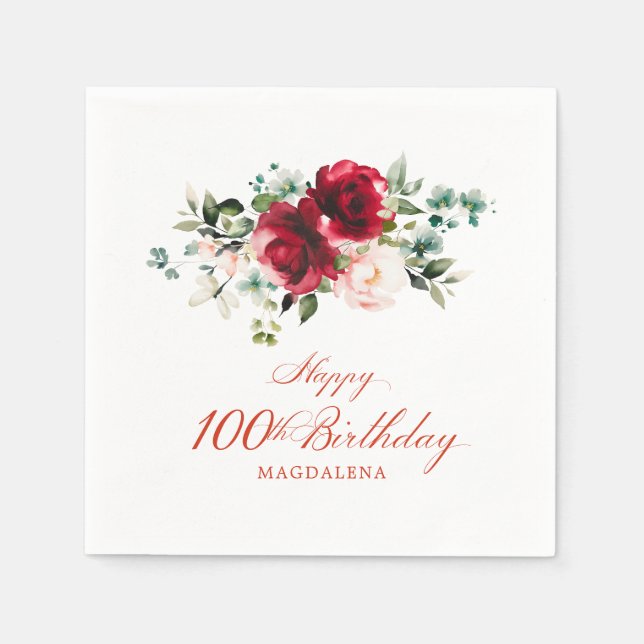 100th Birthday Party Pink Red Floral Custom Napkins (Front)