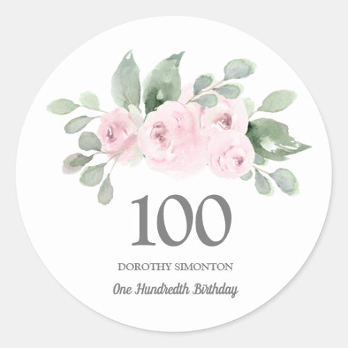 100th Birthday Party Pink Rose Eucalyptus Classic Round Sticker