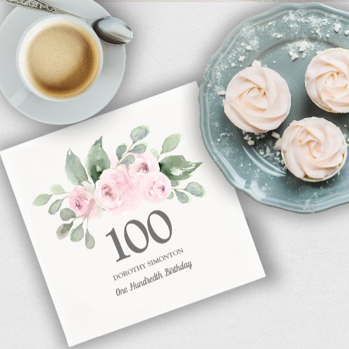 100th Birthday Party Pink Rose Eucalyptus Napkins