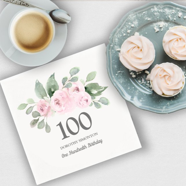 100th Birthday Party Pink Rose Eucalyptus Napkins (Creator Uploaded)