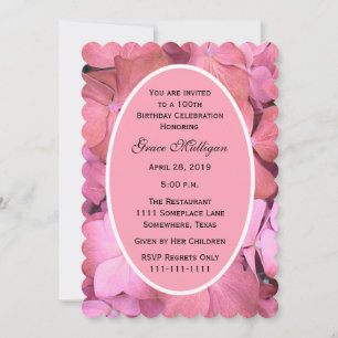 100th Birthday Party Pink Scalloped Hydrangeas Invitation