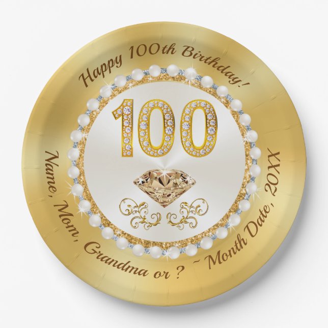 100th Birthday Party Plates, 2 Sizes, Round Square Paper Plates (Front)
