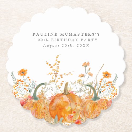 100th Birthday Party Pumpkin Wildflower Custom Paper Coaster