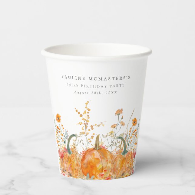 100th Birthday Party Pumpkin Wildflower Custom Paper Cups (Front)
