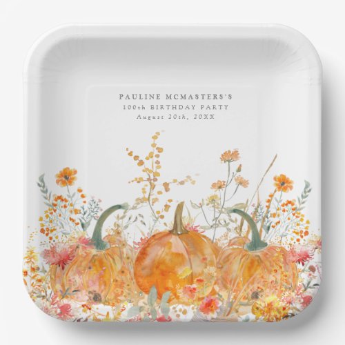 100th Birthday Party Pumpkin Wildflower Custom Paper Plates