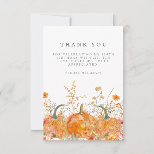 100th Birthday Party Pumpkin Wildflower Custom Thank You Card