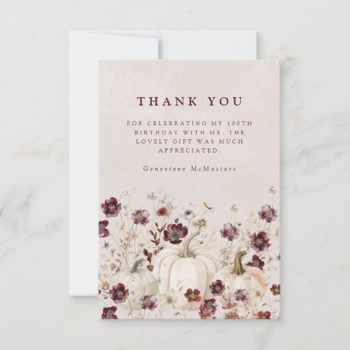 100th Birthday Party Pumpkin Wildflower Custom Thank You Card