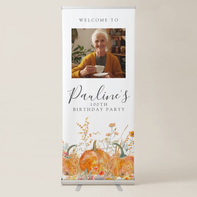 100th Birthday Party Pumpkin Wildflower Photo Retractable Banner (Front)
