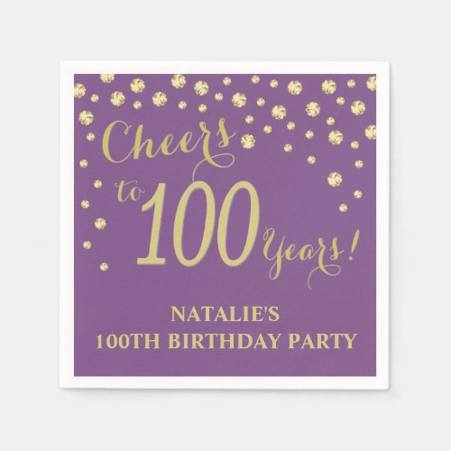 100th Birthday Party Purple and Gold Diamond Napkins
