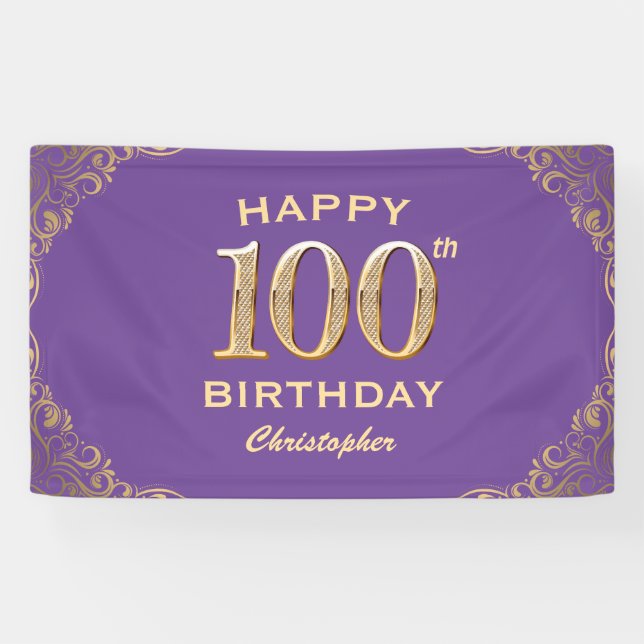 100th Birthday Party Purple and Gold Glitter Frame Banner (Horizontal)