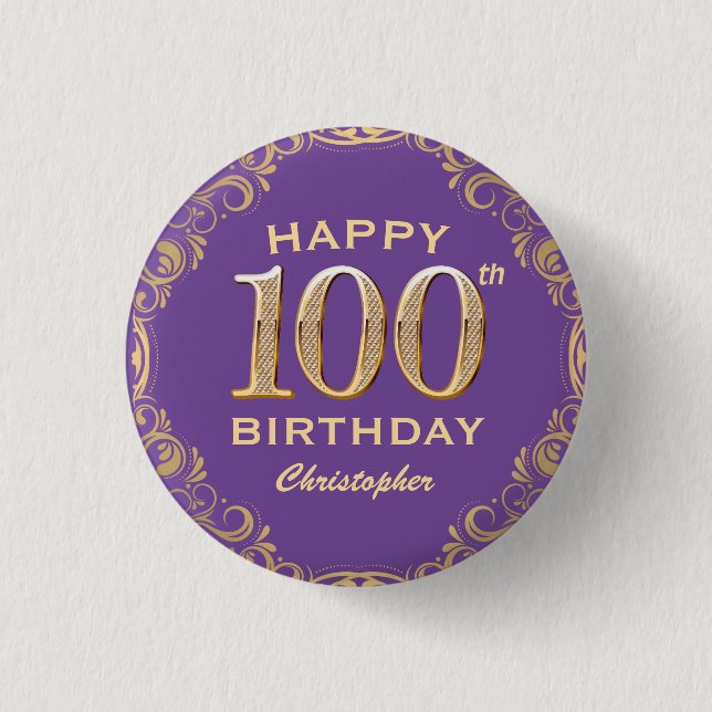 100th Birthday Party Purple and Gold Glitter Frame Button (Front)