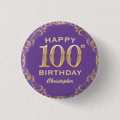 100th Birthday Party Purple and Gold Glitter Frame Button