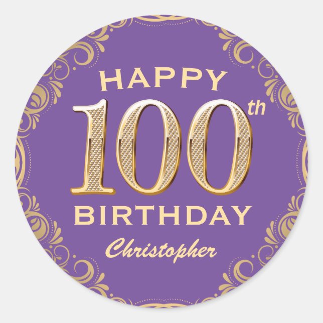 100th Birthday Party Purple and Gold Glitter Frame Classic Round Sticker (Front)