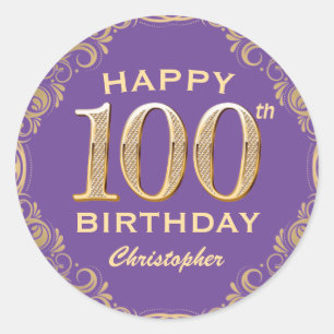100th Birthday Party Purple and Gold Glitter Frame Classic Round Sticker