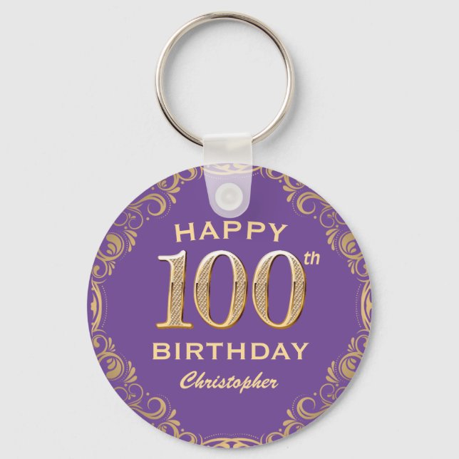 100th Birthday Party Purple and Gold Glitter Frame Keychain (Front)