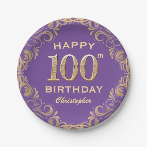 100th Birthday Party Purple and Gold Glitter Frame Paper Plates