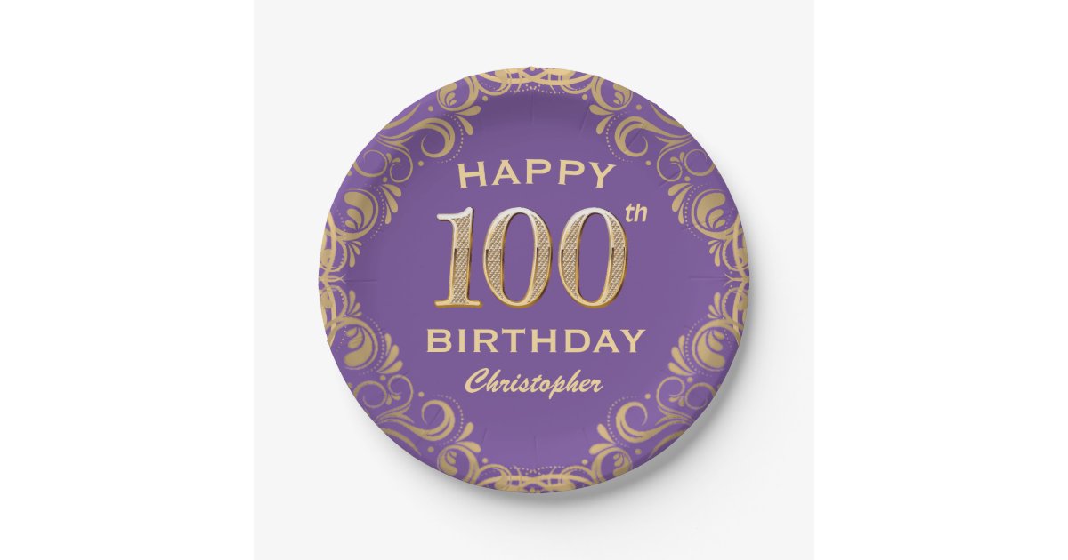 100th Birthday Party Purple and Gold Glitter Frame Paper Plates | Zazzle