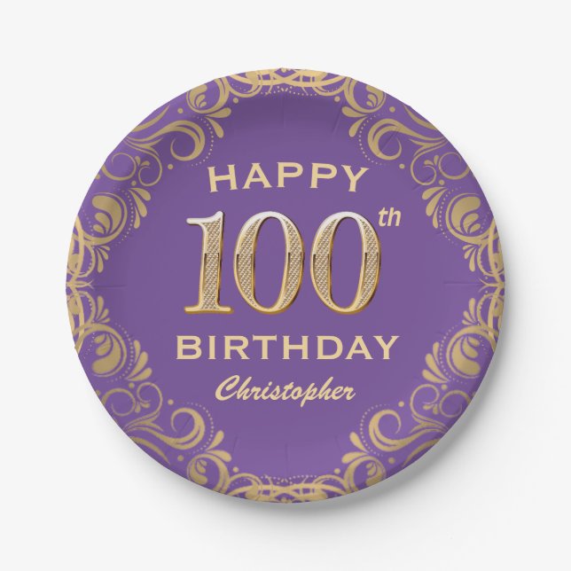 100th Birthday Party Purple and Gold Glitter Frame Paper Plates (Front)