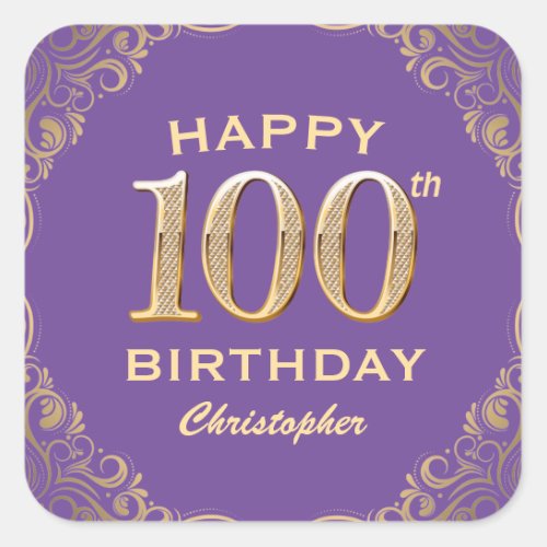 100th Birthday Party Purple and Gold Glitter Frame Square Sticker