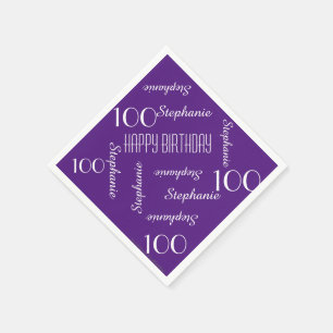 100th Birthday Party Purple Repeating Name Paper Napkins