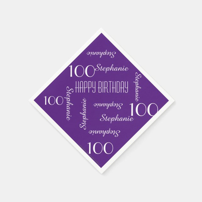100th Birthday Party Purple Repeating Name Paper Napkins (Corner)