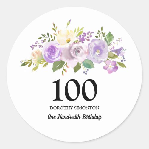 100th Birthday Party Purple Rose Floral Classic Round Sticker