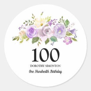 100th Birthday Party Purple Rose Floral Classic Round Sticker